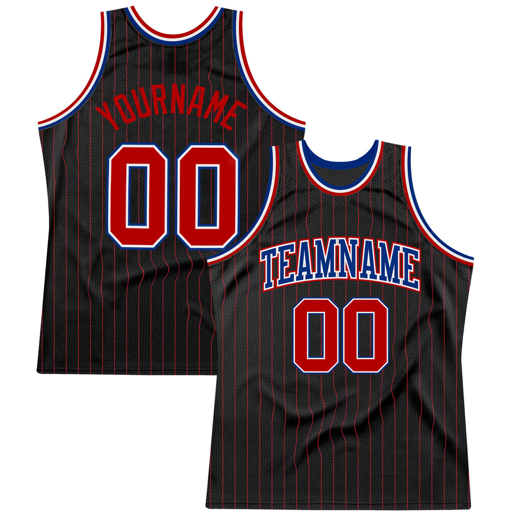 Custom Black Red Pinstripe Red-Royal Authentic Basketball Jersey