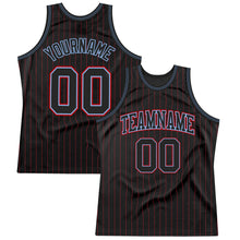 Laden Sie das Bild in den Galerie-Viewer, Custom Black Red Pinstripe Black Light Blue-Red Authentic Basketball Jersey
