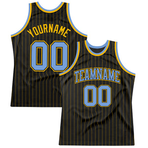 Custom Black Gold Pinstripe Light Blue-Gold Authentic Basketball Jersey