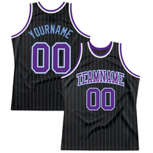 Load image into Gallery viewer, Custom Black Light Blue Pinstripe Purple-Light Blue Authentic Basketball Jersey
