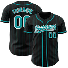 Load image into Gallery viewer, Custom Black Teal Pinstripe Teal-White Authentic Baseball Jersey
