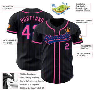 Custom Black Royal Pinstripe Pink Authentic Baseball Jersey