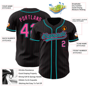 Custom Black Pink Pinstripe Pink-Teal Authentic Baseball Jersey