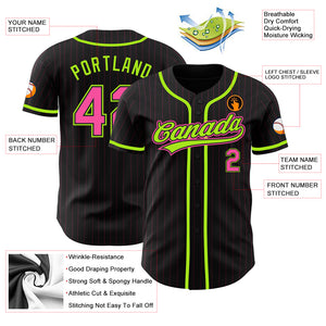 Custom Black Pink Pinstripe Pink-Neon Green Authentic Baseball Jersey