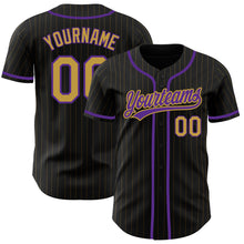 Загрузить изображение в средство просмотра галереи, Custom Black Old Gold Pinstripe Old Gold-Purple Authentic Baseball Jersey
