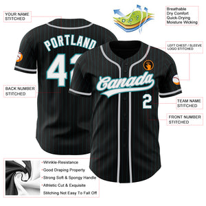 Custom Black Teal Pinstripe White-Gray Authentic Baseball Jersey