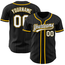 Laden Sie das Bild in den Galerie-Viewer, Custom Black White Pinstripe White-Gold Authentic Baseball Jersey
