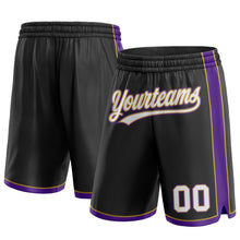 Laden Sie das Bild in den Galerie-Viewer, Custom Black White Old Gold-Purple Authentic Basketball Shorts

