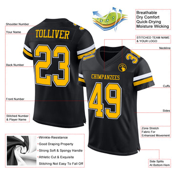 Custom Black Gold-White Mesh Authentic Football Jersey