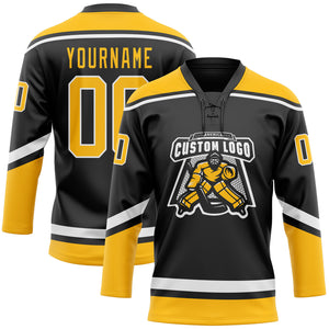 Custom Black Gold-White Hockey Lace Neck Jersey