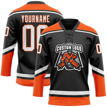 Загрузить изображение в средство просмотра галереи, Custom Black White-Orange Hockey Lace Neck Jersey
