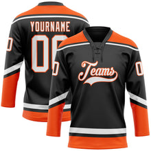 Загрузить изображение в средство просмотра галереи, Custom Black White-Orange Hockey Lace Neck Jersey
