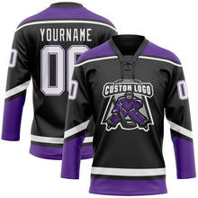 Загрузить изображение в средство просмотра галереи, Custom Black White-Purple Hockey Lace Neck Jersey
