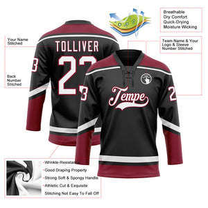 Custom Black White-Crimson Hockey Lace Neck Jersey