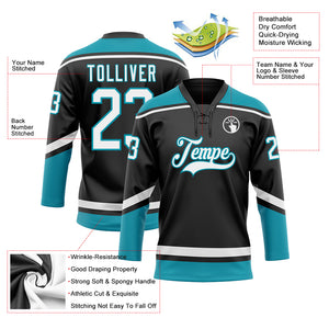 Custom Black White-Teal Hockey Lace Neck Jersey