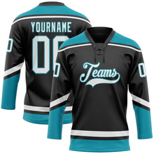 Загрузить изображение в средство просмотра галереи, Custom Black White-Teal Hockey Lace Neck Jersey
