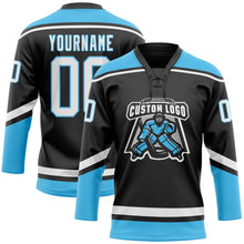 Загрузить изображение в средство просмотра галереи, Custom Black White-Sky Blue Hockey Lace Neck Jersey
