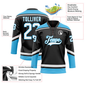 Custom Black White-Sky Blue Hockey Lace Neck Jersey