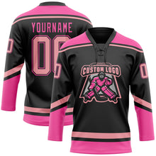 Загрузить изображение в средство просмотра галереи, Custom Black Medium Pink-Pink Hockey Lace Neck Jersey
