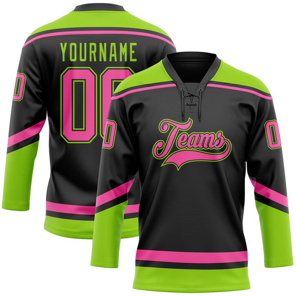 Custom Hockey Jersey Black White-Neon Pink Hockey Lace Neck Jersey Men's Size:2XL