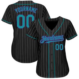 Custom Black White Pinstripe Teal-Purple Authentic Baseball Jersey