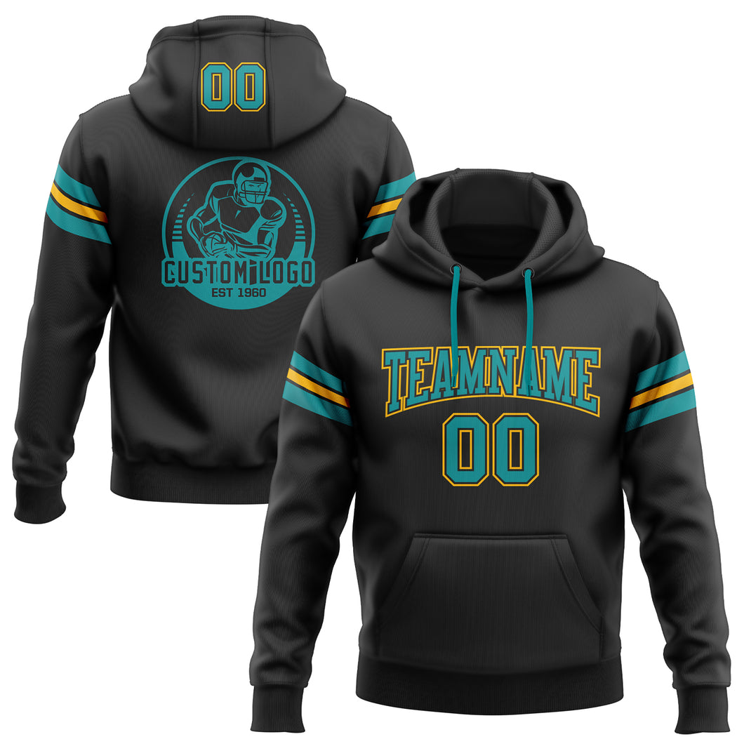 Custom Stitched Black Teal-Gold Football Pullover Sweatshirt Hoodie