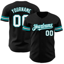 Laden Sie das Bild in den Galerie-Viewer, Custom Black White-Teal Authentic Baseball Jersey
