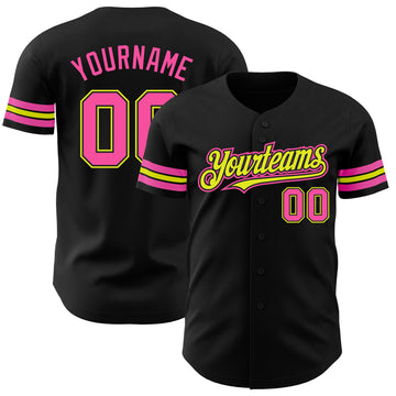 Custom Black Pink-Neon Yellow Authentic Baseball Jersey