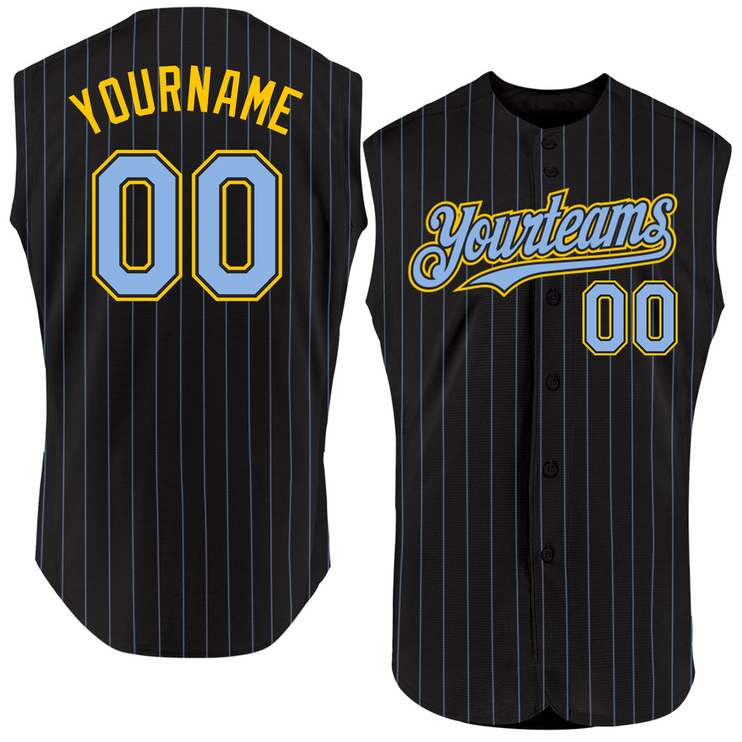 Custom Black Light Blue Pinstripe Yellow Authentic Sleeveless Baseball Jersey