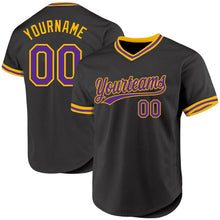 Load image into Gallery viewer, Custom Black Purple-Gold Authentic Throwback Baseball Jersey
