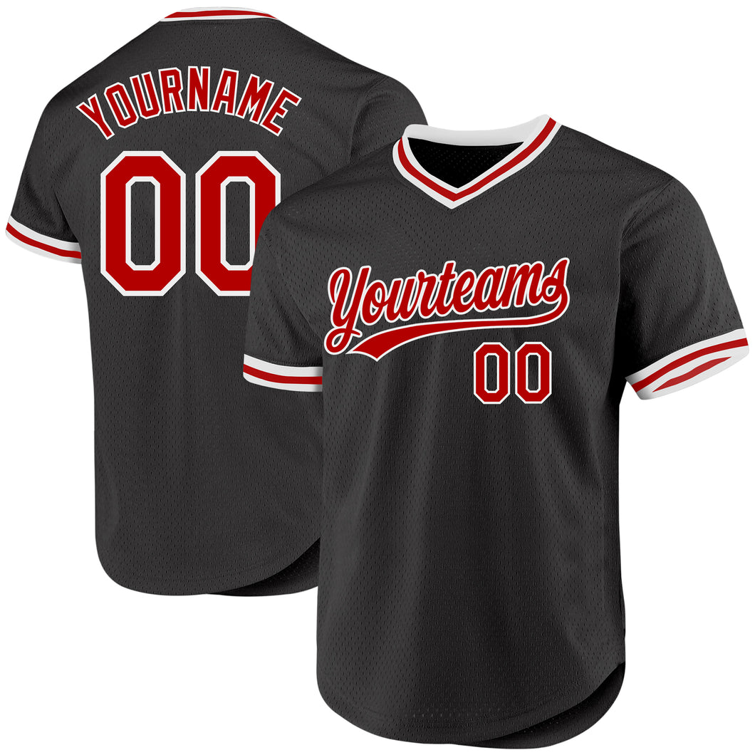 Custom Black Red-White Authentic Throwback Baseball Jersey