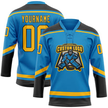 Laden Sie das Bild in den Galerie-Viewer, Custom Blue Gold-Black Hockey Lace Neck Jersey
