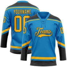 Laden Sie das Bild in den Galerie-Viewer, Custom Blue Gold-Black Hockey Lace Neck Jersey
