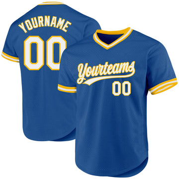 Custom Blue White-Gold Authentic Throwback Baseball Jersey