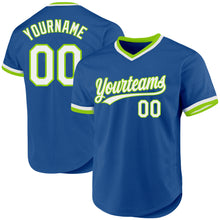 Laden Sie das Bild in den Galerie-Viewer, Custom Blue White-Neon Green Authentic Throwback Baseball Jersey
