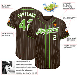 Custom Brown White Pinstripe Neon Green-White Authentic Baseball Jersey