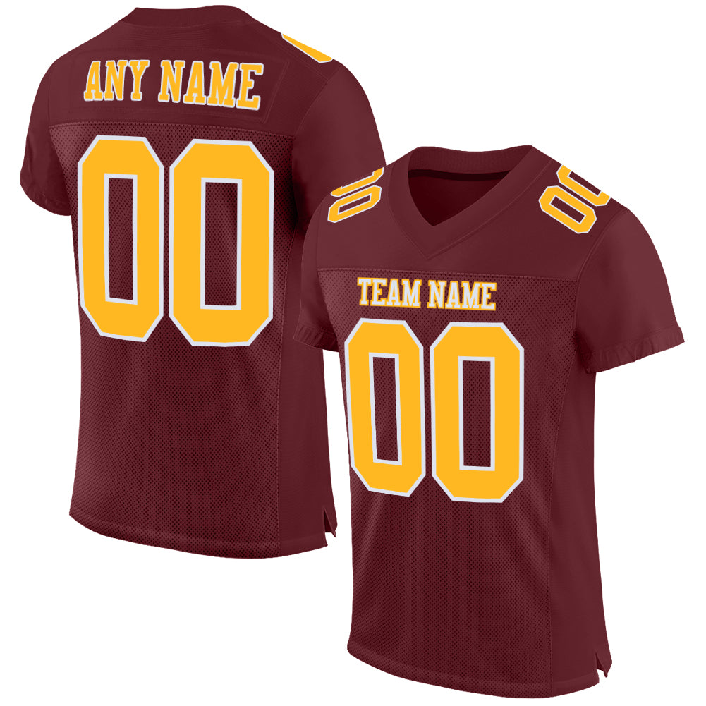 Custom White Burgundy-Gold Mesh Authentic Football Jersey