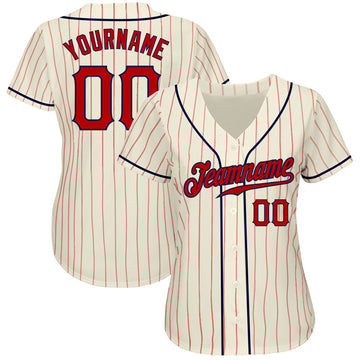 Custom Cream Red Pinstripe Red-Navy Authentic Baseball Jersey