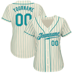 Custom Cream Teal Pinstripe Teal-Gray Authentic Baseball Jersey