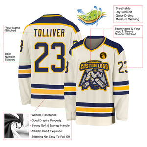 Custom Cream Navy-Gold Hockey Jersey