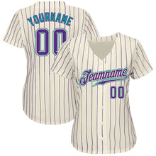 Charger l&#39;image dans la galerie, Custom Cream Purple Pinstripe Purple-Teal Authentic Baseball Jersey
