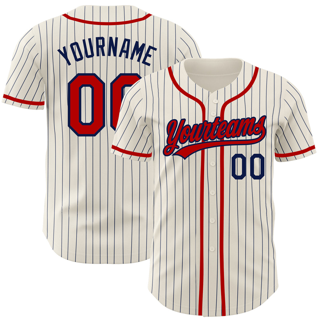 Custom Cream Navy Pinstripe Red Authentic Baseball Jersey