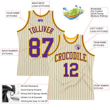 Загрузить изображение в средство просмотра галереи, Custom Cream Black Pinstripe Purple-Gold Authentic Basketball Jersey
