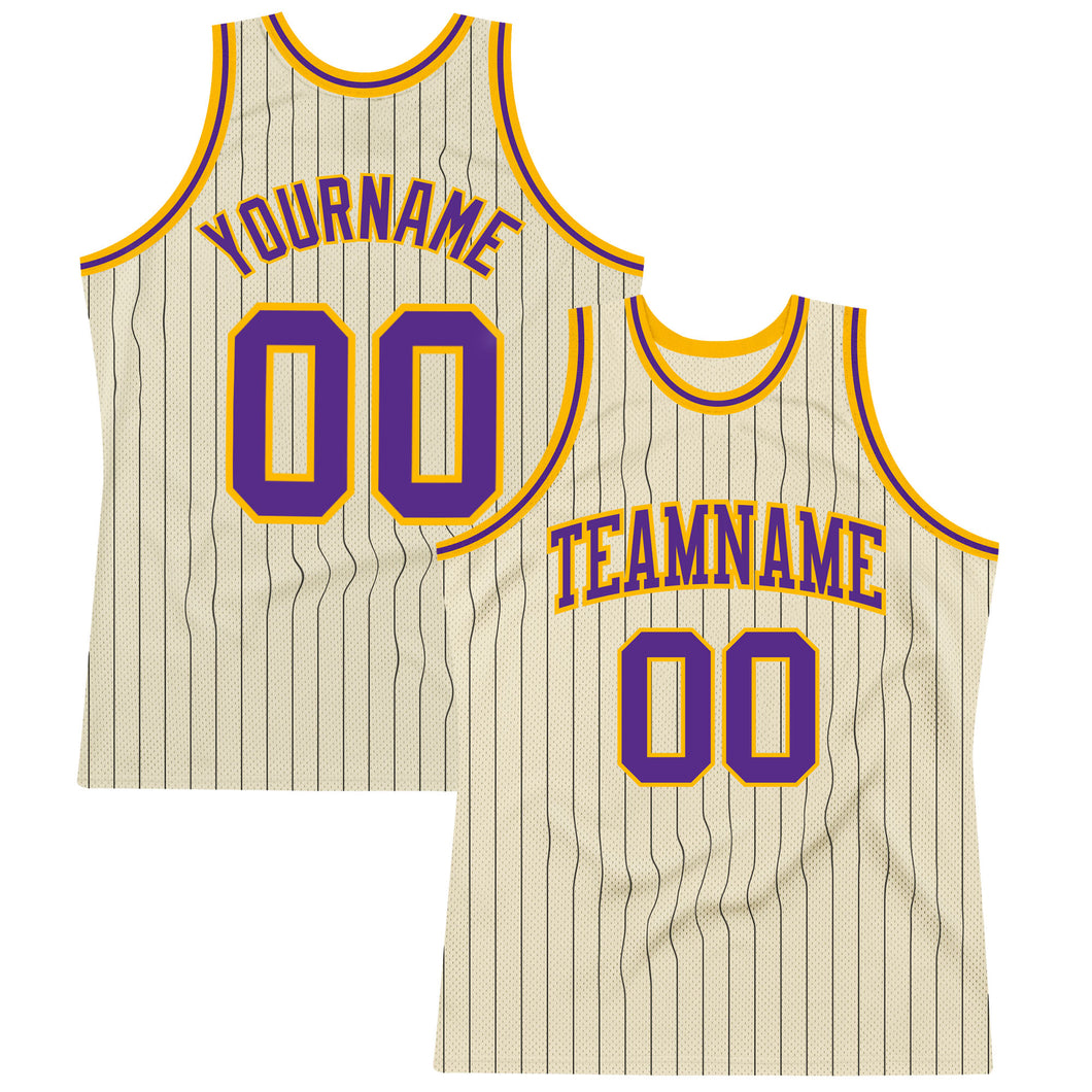 Cheap Custom Gray Black Pinstripe Purple-Gold Authentic Basketball