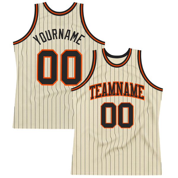 Custom Cream Black Pinstripe Black-Orange Authentic Basketball Jersey  Discount