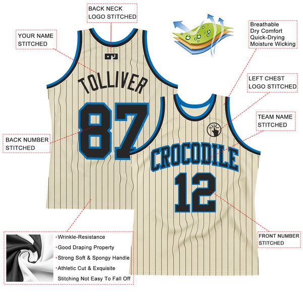 Custom Cream Black Pinstripe Blue Authentic Basketball Jersey