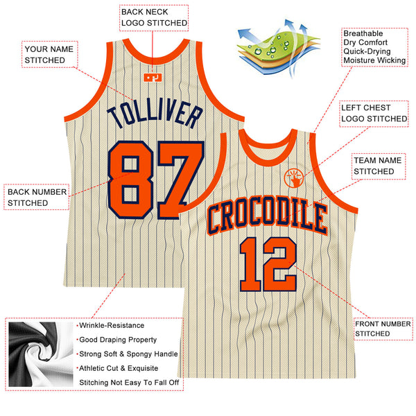 Custom White Orange Pinstripe Orange-Navy Authentic Basketball Jersey