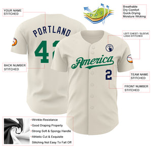 Custom Cream Kelly Green-Navy Authentic Baseball Jersey