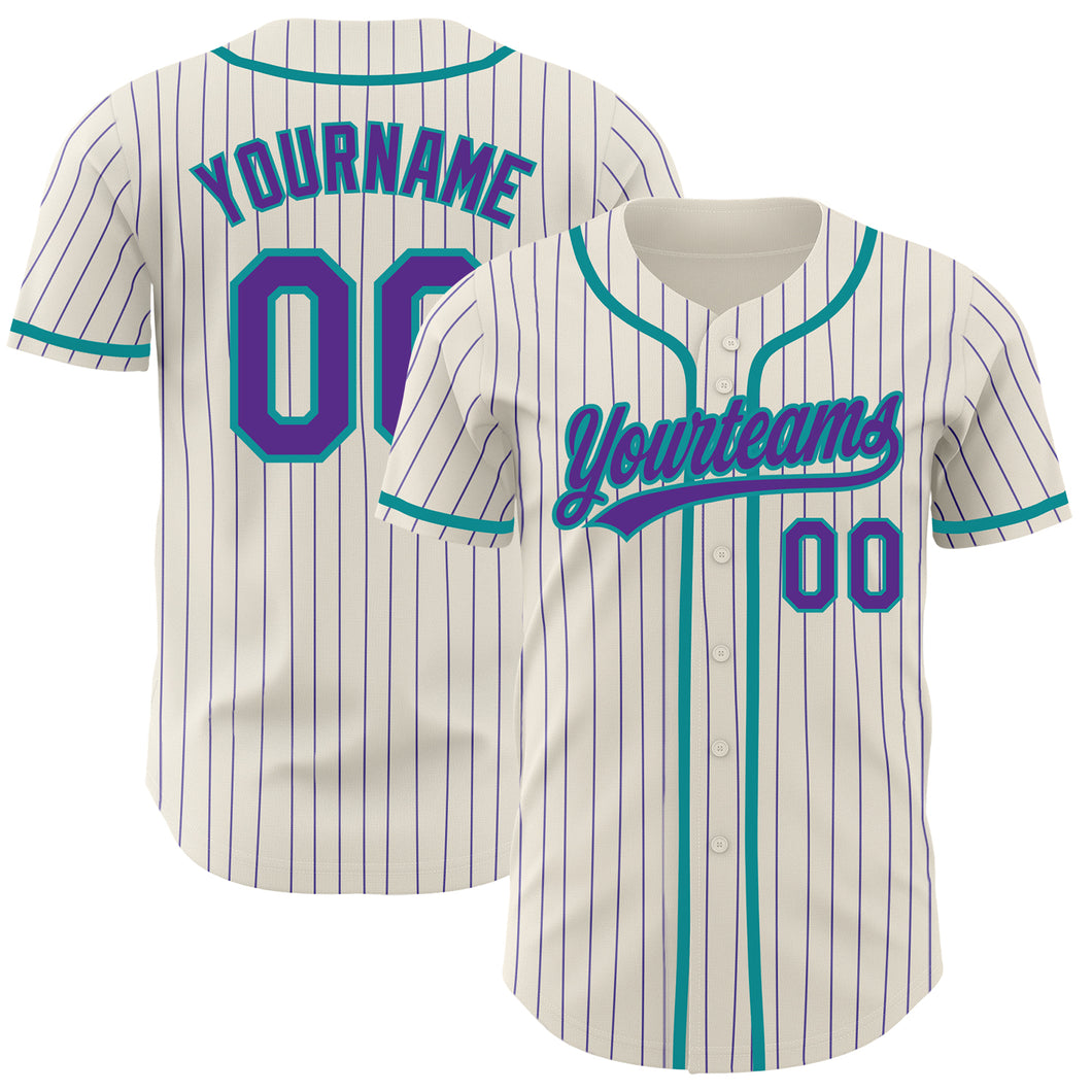 Custom Cream Purple Pinstripe Teal Authentic Baseball Jersey