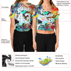 Custom Women's Graffiti Pattern White-Light Blue Colored Abstract 3D V-Neck Cropped Baseball Jersey